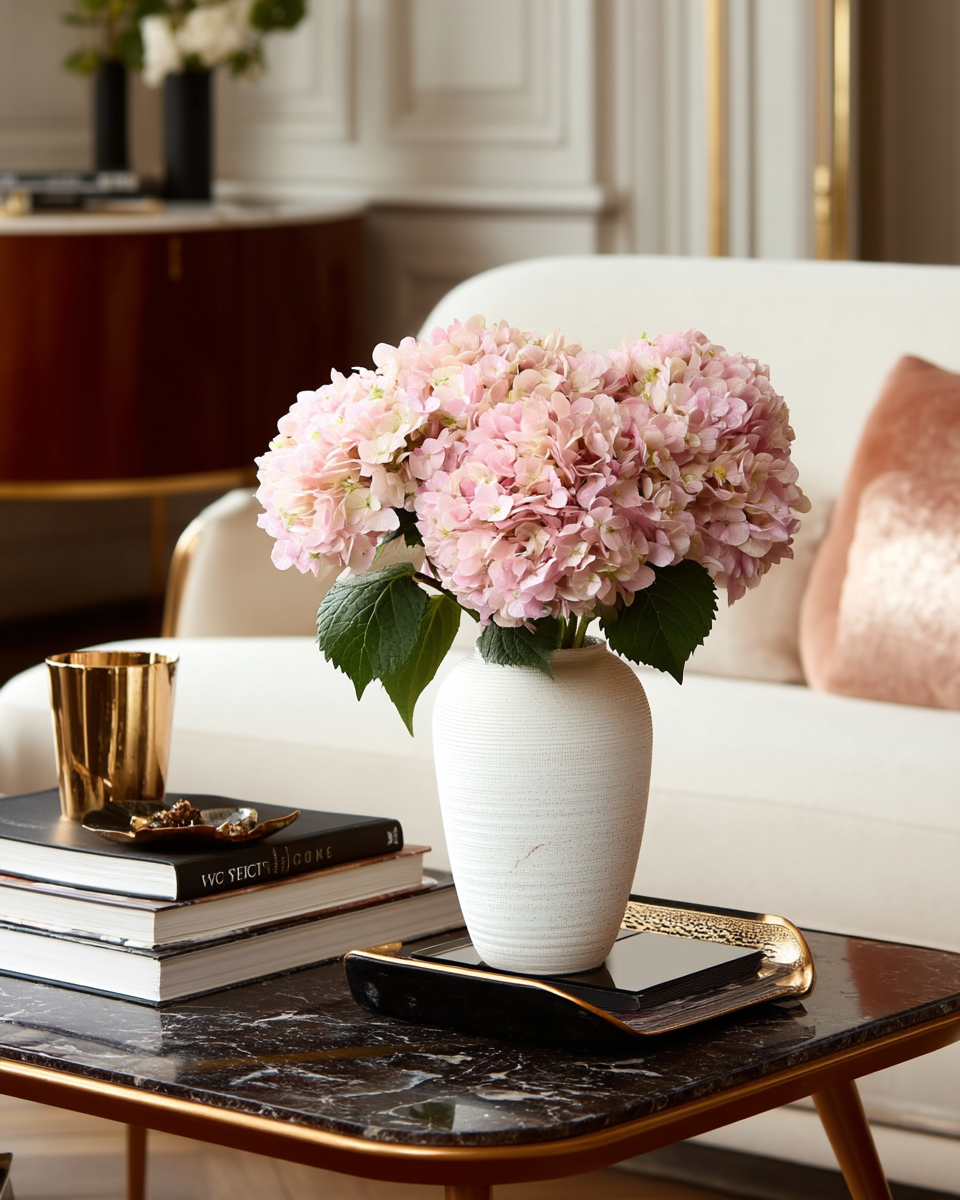 Powder Pink Hydrangeas in Vase